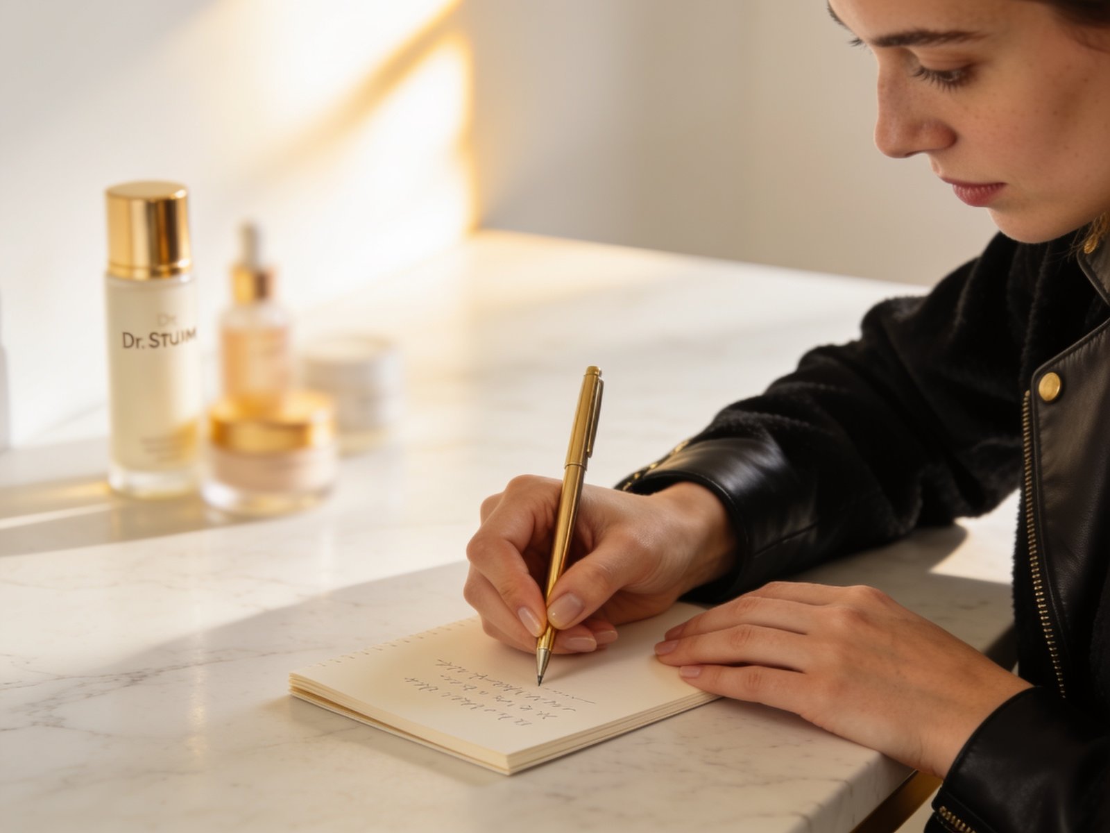 Mani della skintherapist mentre annota il protocollo personalizzato dopo la lettura FaceMap®