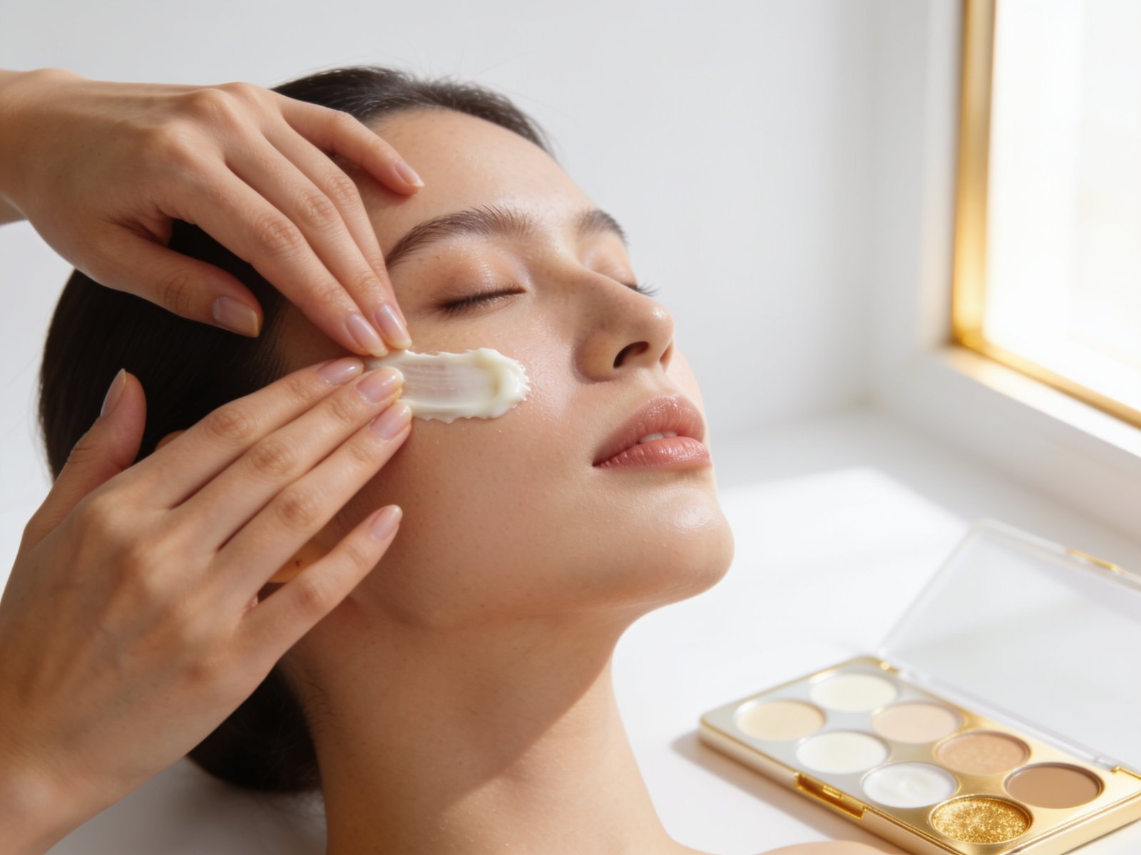 Strumenti per trattamento viso professionale su piano chiaro, estetica editoriale Beauté